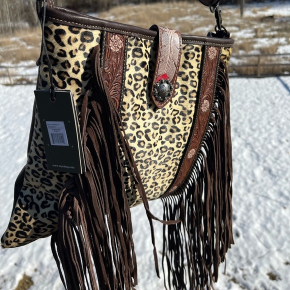 Myra Bag Bags Fringe Myra Bag Leopard Genuine Cowhide Tooled